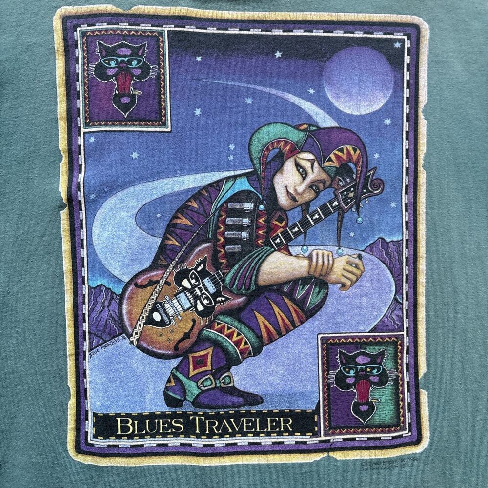 Vintage 90s BLUES TRAVELER 1996 Cat Jester Graphic Print Tour T Shirt L Anvil - Picture 4 of 13